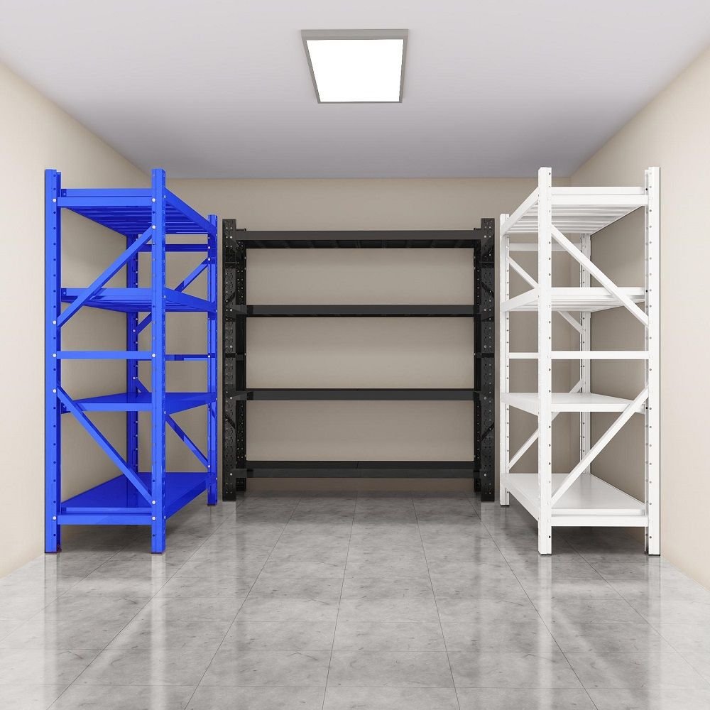 Complete medium-duty racking system with adjustable shelves.