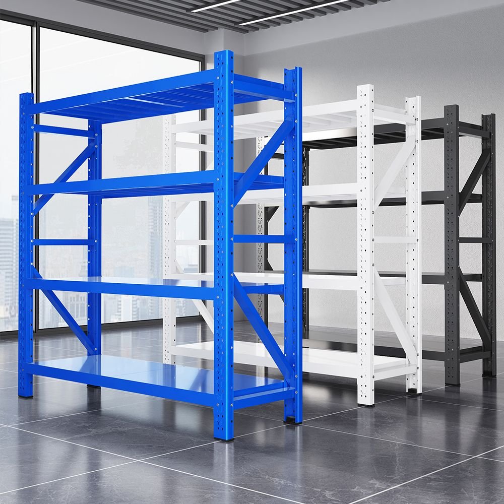 Medium-duty racking system with white,gray and blue frames.