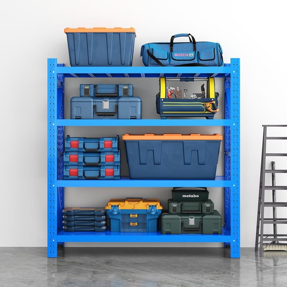 Racking system storing toolboxes on adjustable shelves